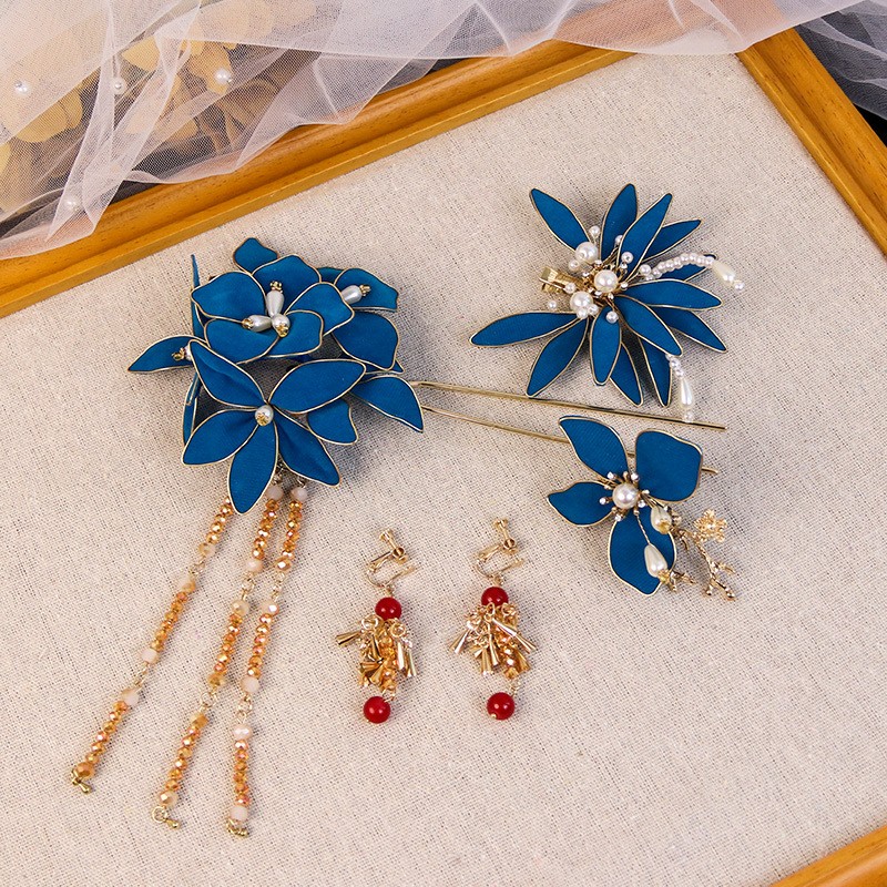3 Pcs Blue Wedding Bride Flower Hair Clips Pins & Earrings