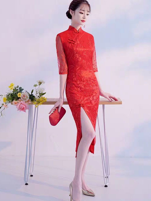 Red Lace Split Front Wedding Bride Qipao Cheongsam Dress