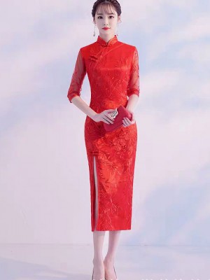 Red Lace Split Front Wedding Bride Qipao Cheongsam Dress