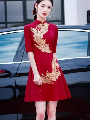 Red Sequined Phoenix A-Line Wedding Qipao Cheongsam Dress