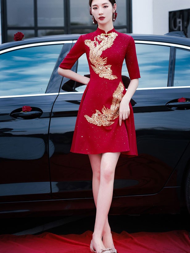 Red Sequined Phoenix A-Line Wedding Qipao Cheongsam Dress