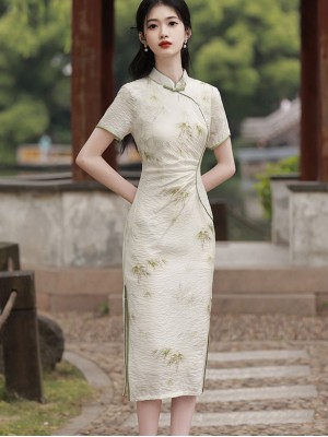 Beige Bamboo Print Pleat Cheongsam Qipao Dress