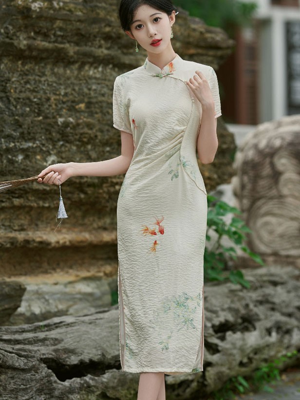 Beige Goldfish Print Pleat Cheongsam Qipao Dress