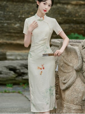 Beige Goldfish Print Pleat Cheongsam Qipao Dress