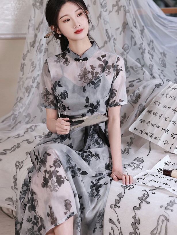 Gray Floral Midi Belt A-Line Cheongsam Qipao Dress