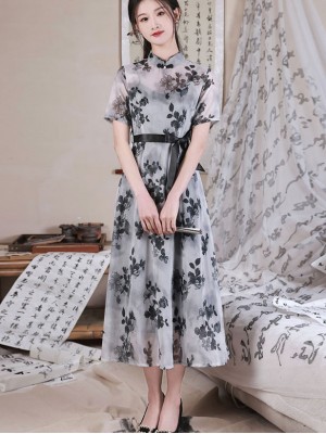 Gray Floral Midi Belt A-Line Cheongsam Qipao Dress