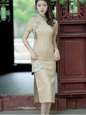 Yellow Jacquard Floral Midi Cheongsam Qipao Dress