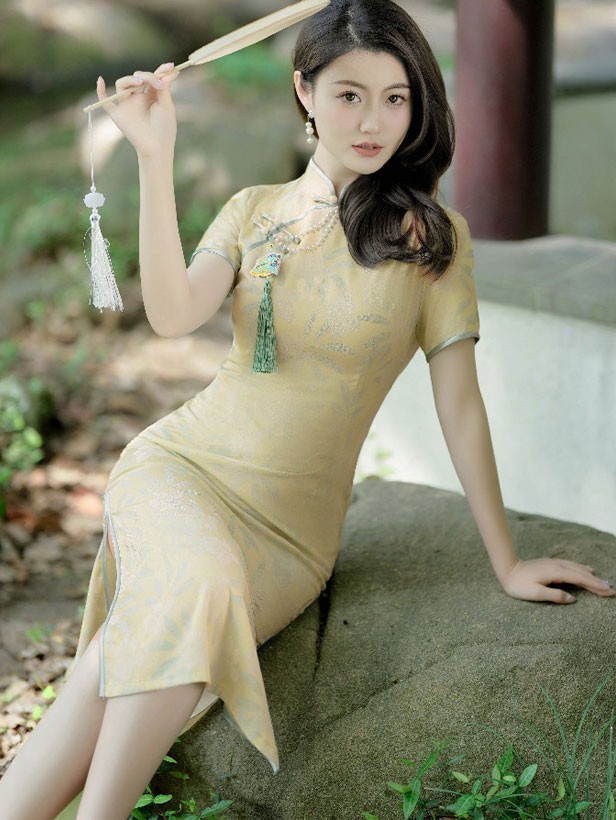 Yellow Jacquard Print Midi Cheongsam Qipao Dress