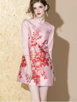 Red Pink Floral Winter Pocket Qipao / Cheongsam Dress