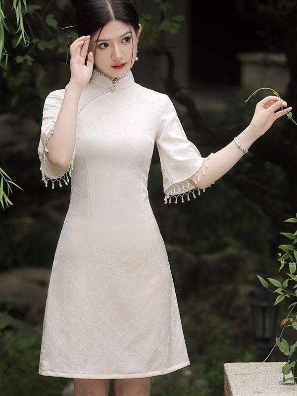 Black White Jacquard Bell Sleeve Cheongsam Qipao Dress