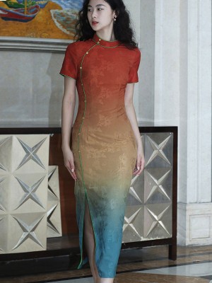 Gradient Sunset Jacquard Silk Cheongsam Qipao Dress