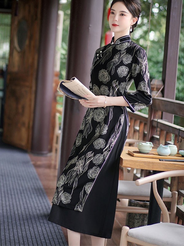 Black Floral A-line Mothers Aodai Cheongsam Dress