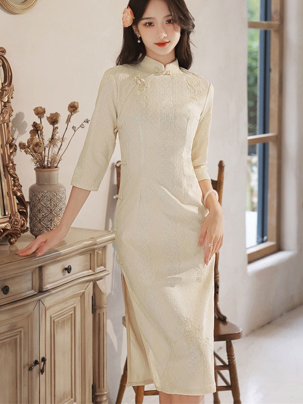 Black Beige Embroidered Midi Winter Cheongsam Qipao Dress