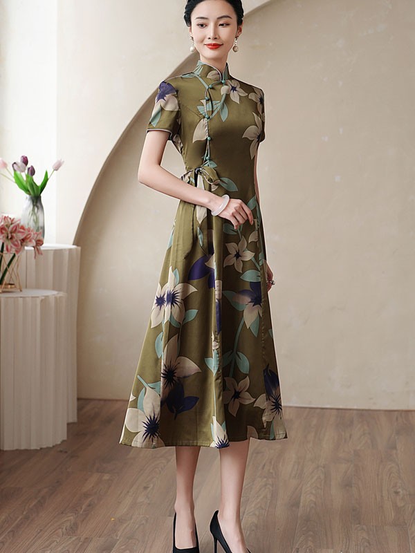 Green Floral A-line Mothers Qipao Cheongsam Dress