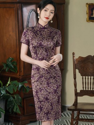 Purple Floral Print Mothers Cheongsam Qipao Dress