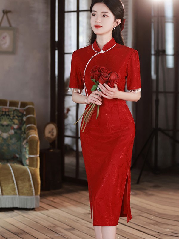 Red Shimmery Jacquard Wedding Bridal Qipao Cheongsam Dress