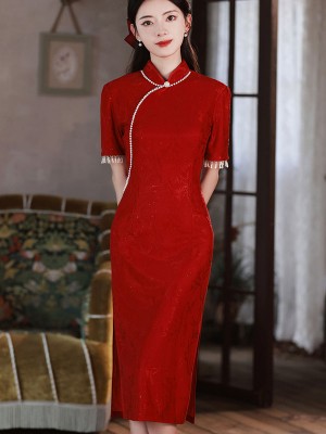 Red Shimmery Jacquard Wedding Bridal Qipao Cheongsam Dress