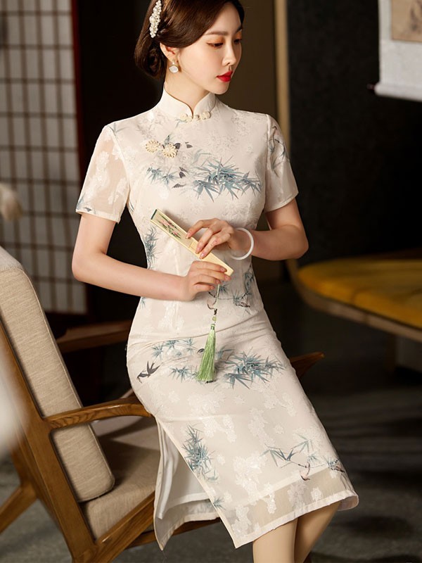 White Bamboo Jacquard Midi Qipao Cheongsam Dress