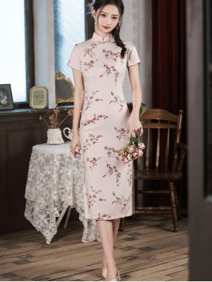 Floral Linen Midi Qipao / Cheongsam Dress