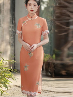 Orange Beige Floral Midi Cheongsam Qipao Dress