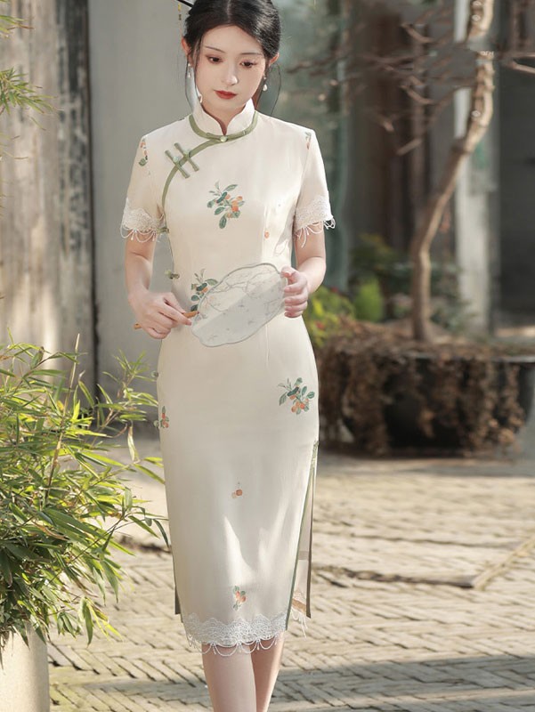 Orange Beige Floral Midi Cheongsam Qipao Dress