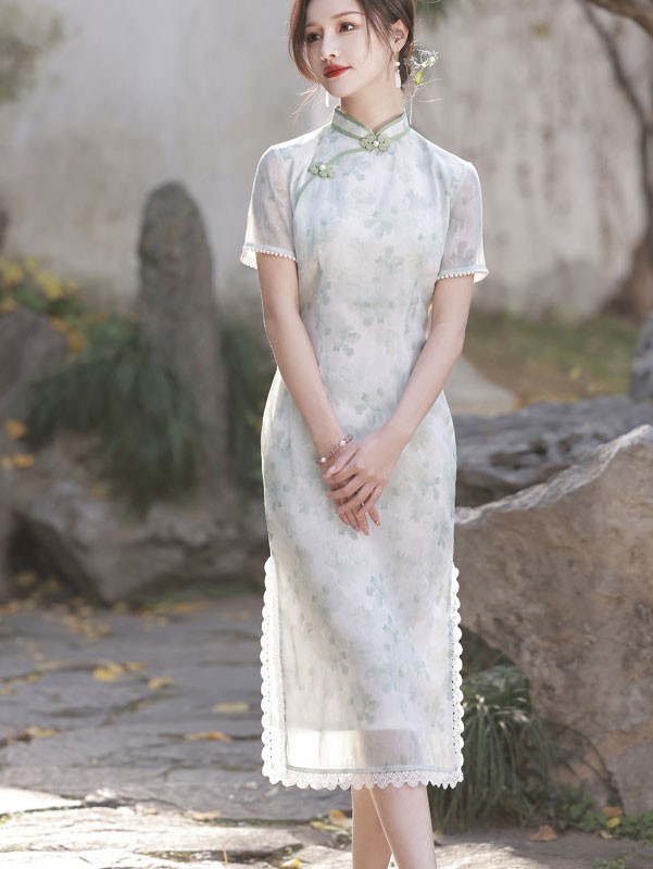 Pink Green Floral Midi Cheongsam Qipao Dress