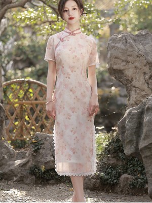 Pink Green Floral Midi Cheongsam Qipao Dress