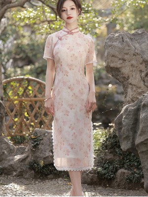 Pink Green Floral Midi Cheongsam Qipao Dress