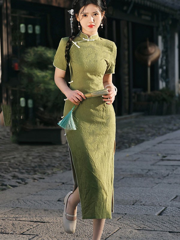Pink Green Jacquard Linen Qipao Cheongsam Dress