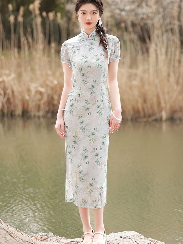 2023 Pink Green Jacquard Floral Qipao Cheongsam Dress