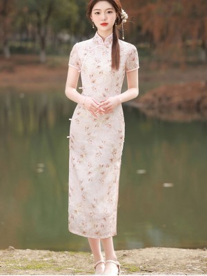 2023 Pink Green Jacquard Floral Qipao Cheongsam Dress