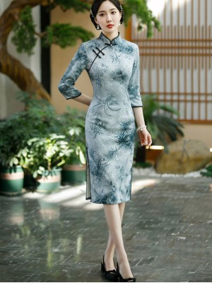 Gray Black Floral Winter Midi Cheongsam Qipao Dress