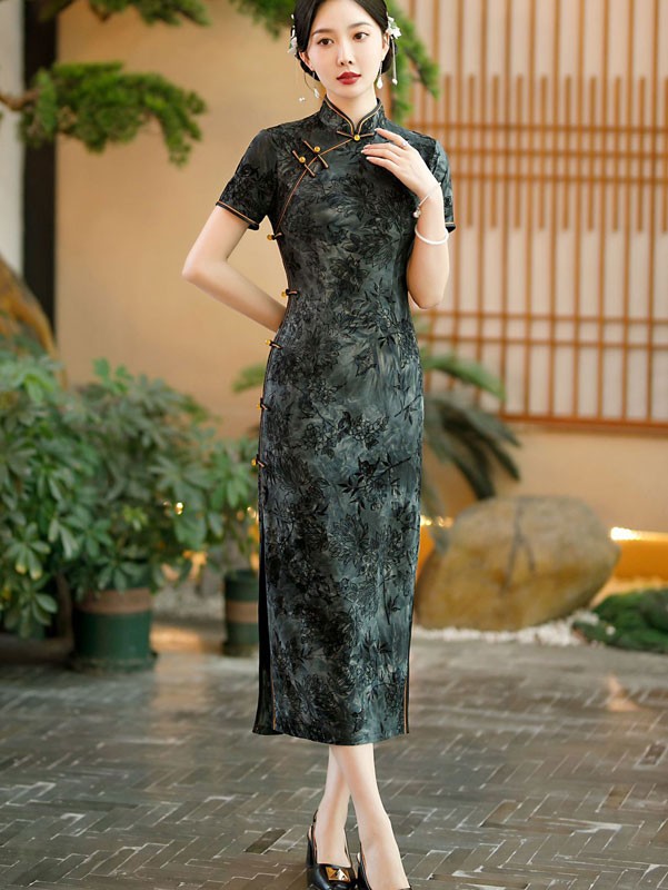 Green Black Floral Velvet Mothers Cheongsam Qipao Dress