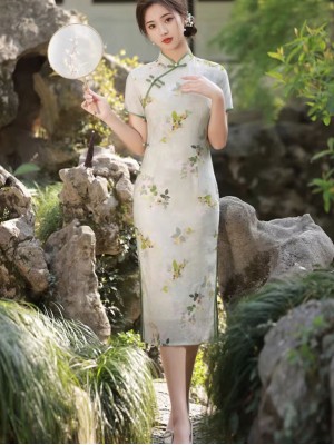 Floral Ramie Tea-Length Summer Qipao Cheongsam Dress