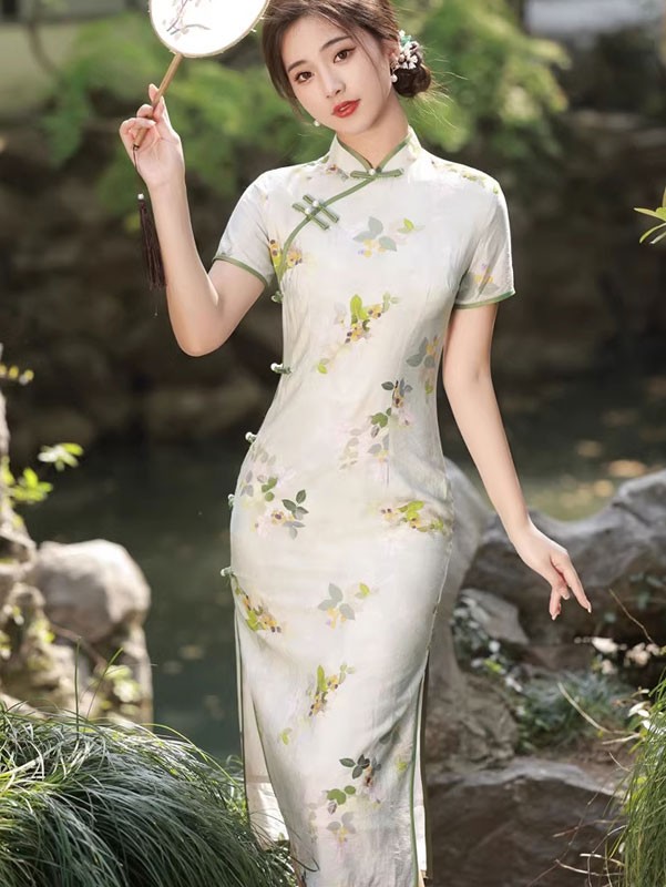 Floral Ramie Tea-Length Summer Qipao Cheongsam Dress