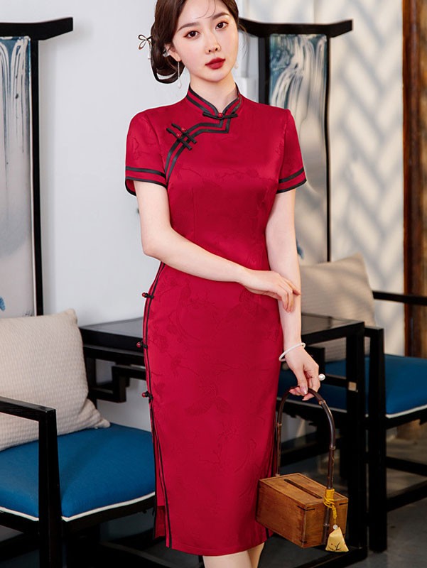 Red Black Jacquard Midi Cheongsam / Qipao Party Dress