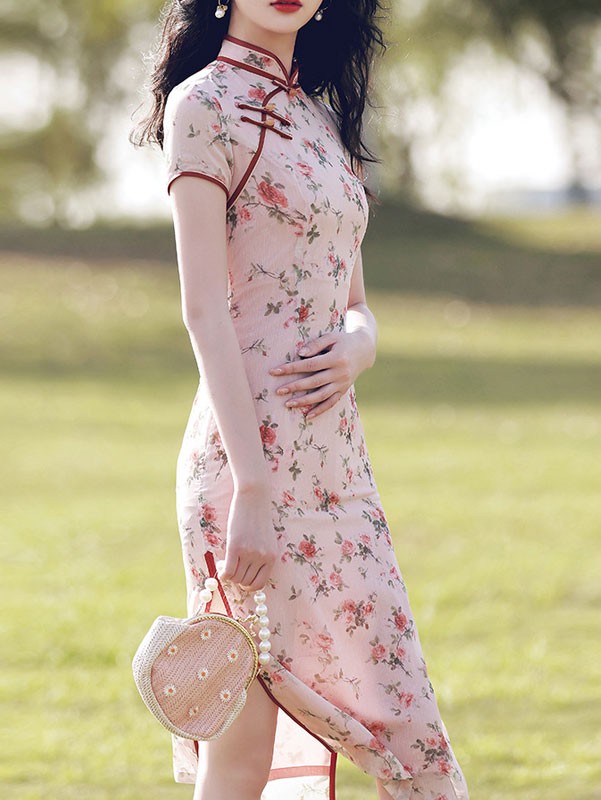 2021 Pink Floral Midi Cheongsam / Qipao Dress