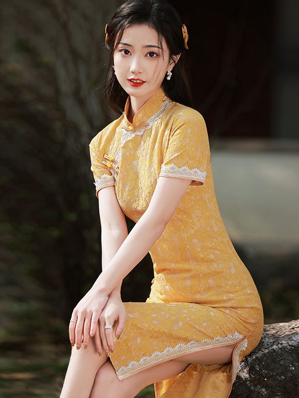 2022 Pink Green Lace Maxi Qipao / Cheongsam Dress