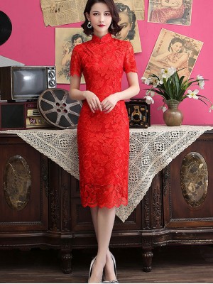 Red Lace Midi Qipao / Cheongsam Dress