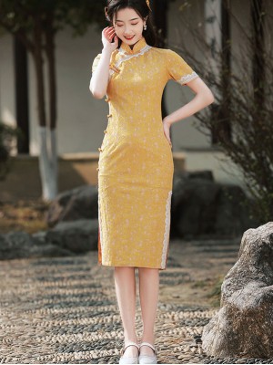 Yellow Floral Lace Midi Qipao / Cheongsam Dress