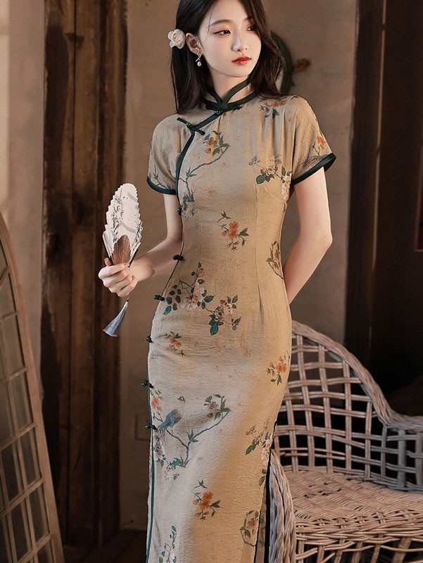 2023 Floral Linen Tea Cheongsam Qipao Dress