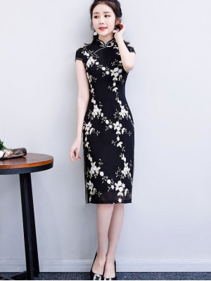 2023 Black Embroidered Floral Qipao Cheongsam Dress