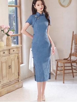 2023 Blue Floral Mid Qipao Cheongsam Dress