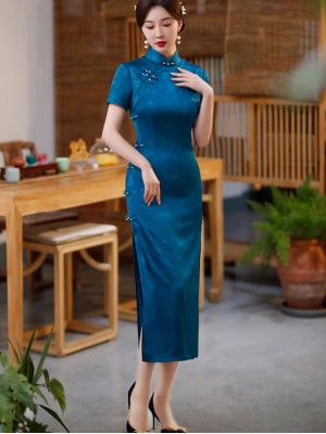 Red Blue Floral Mothers Maxi Qipao Cheongsam Dress