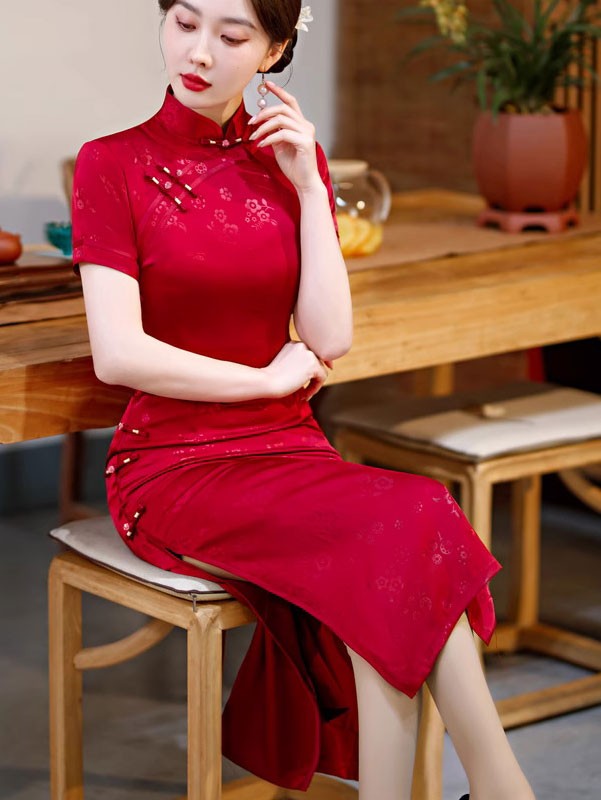 Red Blue Floral Mothers Maxi Qipao Cheongsam Dress