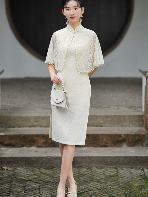 White Lace Mid Qipao / Cheongsam Dress with Shawl