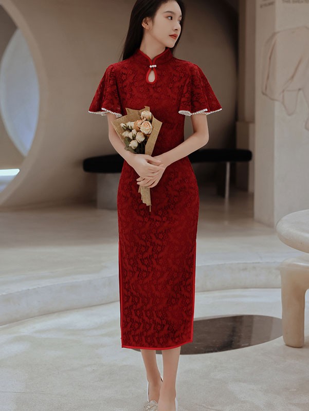 White Red Lace Flutter Sleeve Wedding Qipao Cheongsam Dress