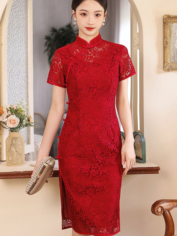 Wine Red Lace Midi Engagement Qipao Cheongsam Dress CozyLadyWear