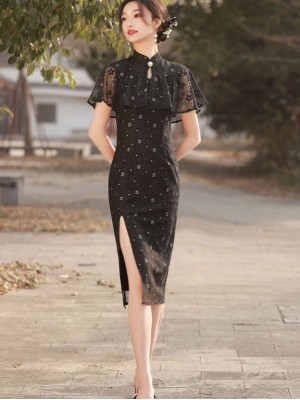 Black Lace Flutter Sleeve Qipao Cheongsam Dress