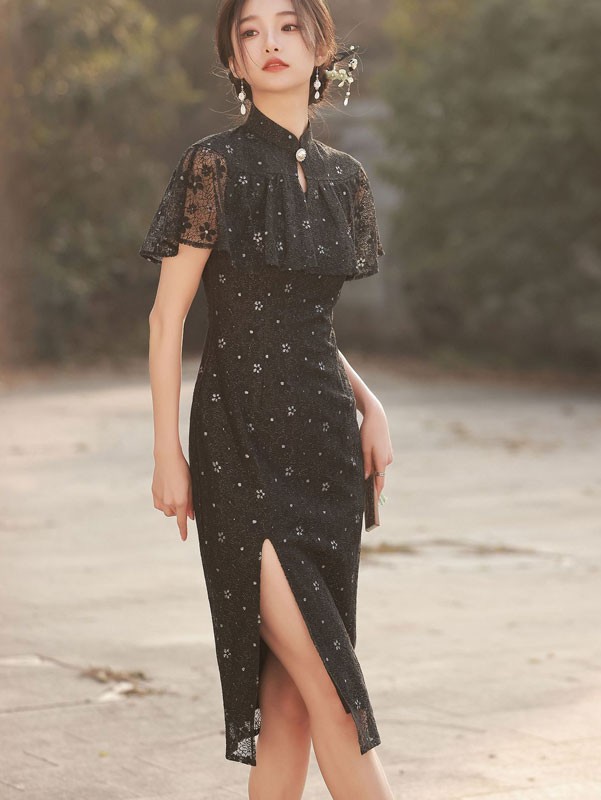 Black Lace Flutter Sleeve Qipao Cheongsam Dress